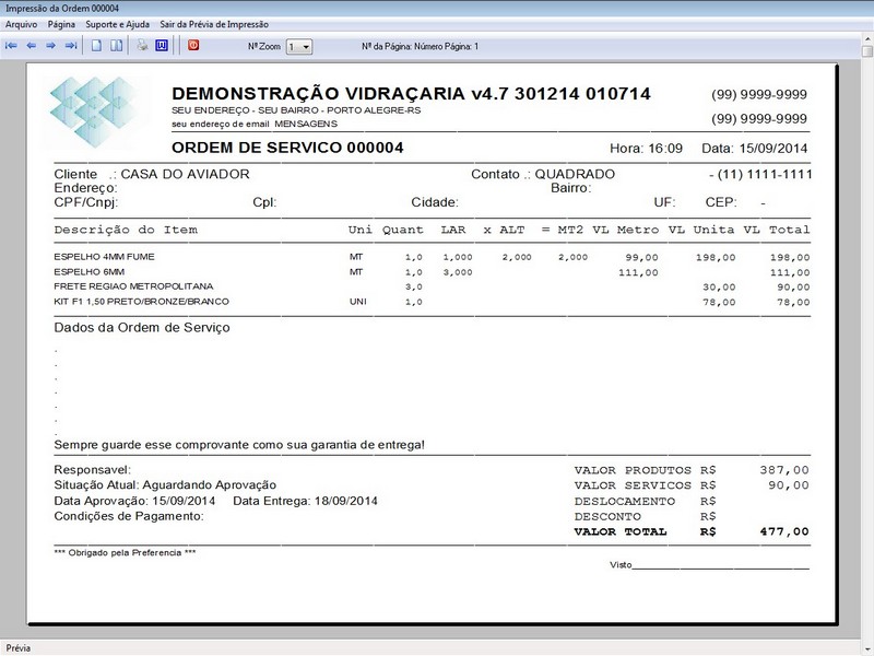 TELA DO PROGRAMA OS VIDRAÇARIA 4.7