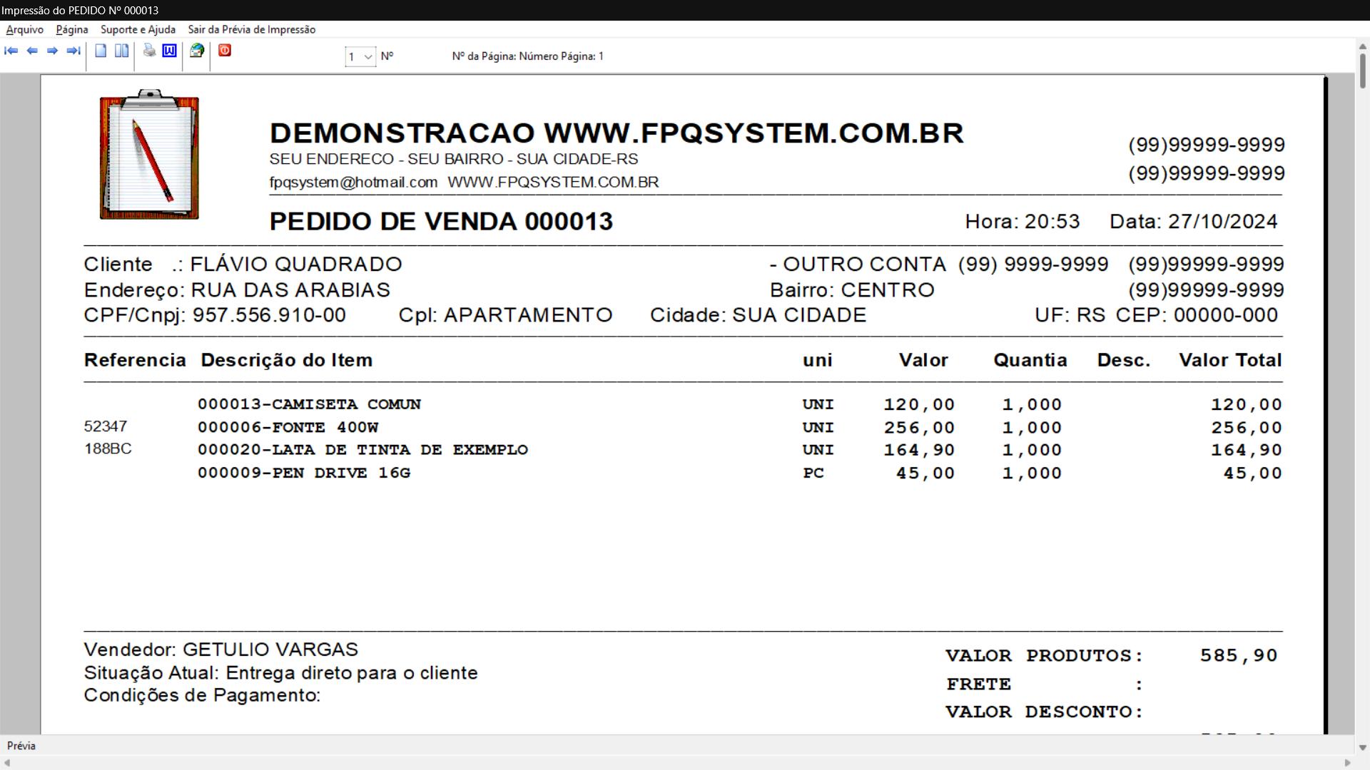 Programa Vendas 1.0 - Impressão de pedido
