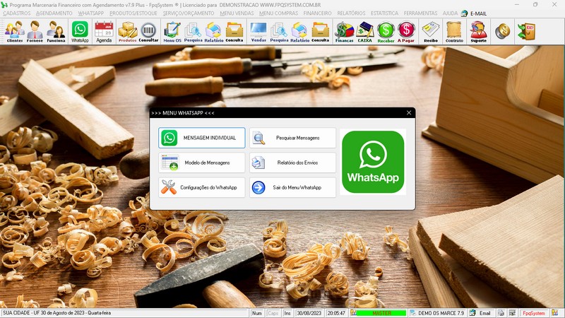 Tela do programa Marcenaria + Vendas + Financeiro v7.9 Plus + WhatsApp