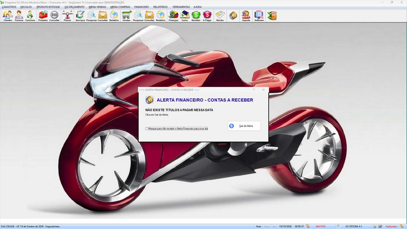 Oficina MOTO + Vendas e Financeiro v4.1 - Alerta financeiro de contas a receber ao abrir o programa