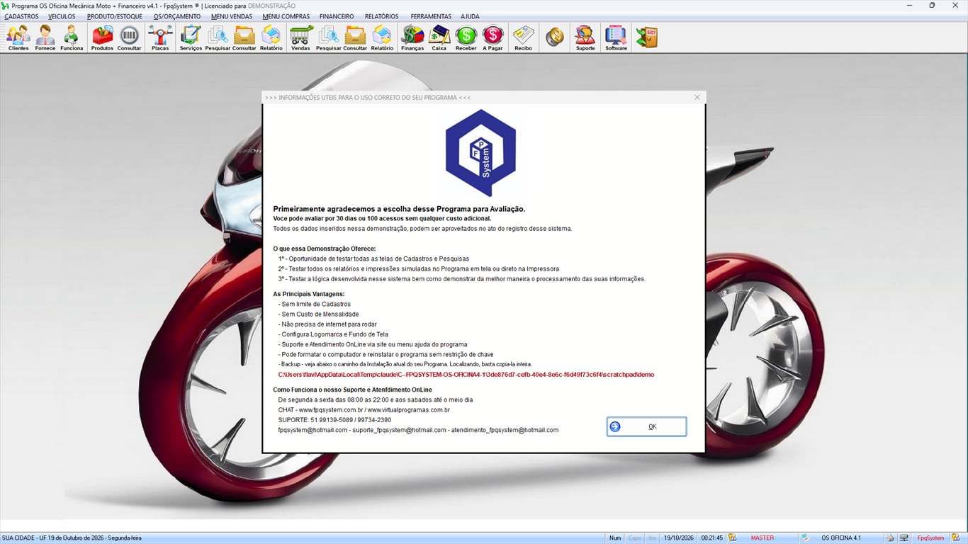 Oficina MOTO + Vendas e Financeiro v4.1 - Informações úteis exibidas no primeiro acesso