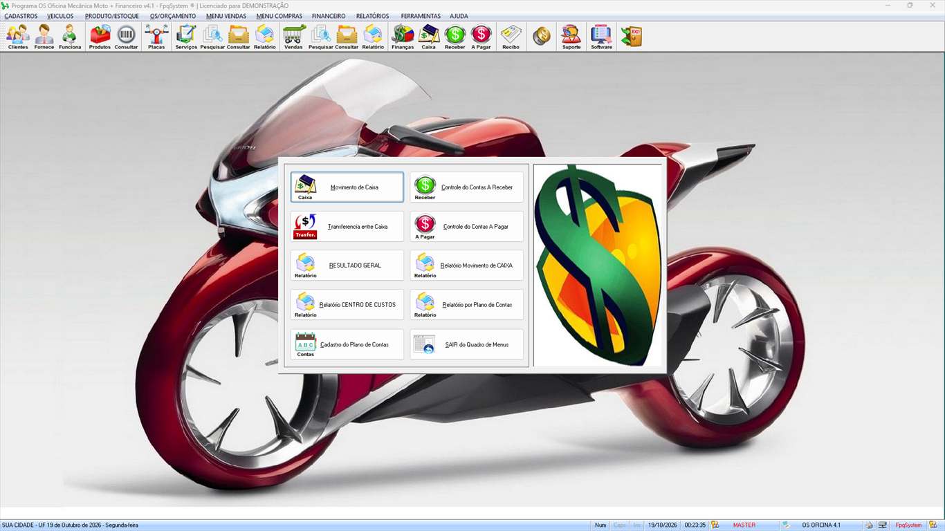 Oficina MOTO + Vendas e Financeiro v4.1 - Quadro de menus do financeiro