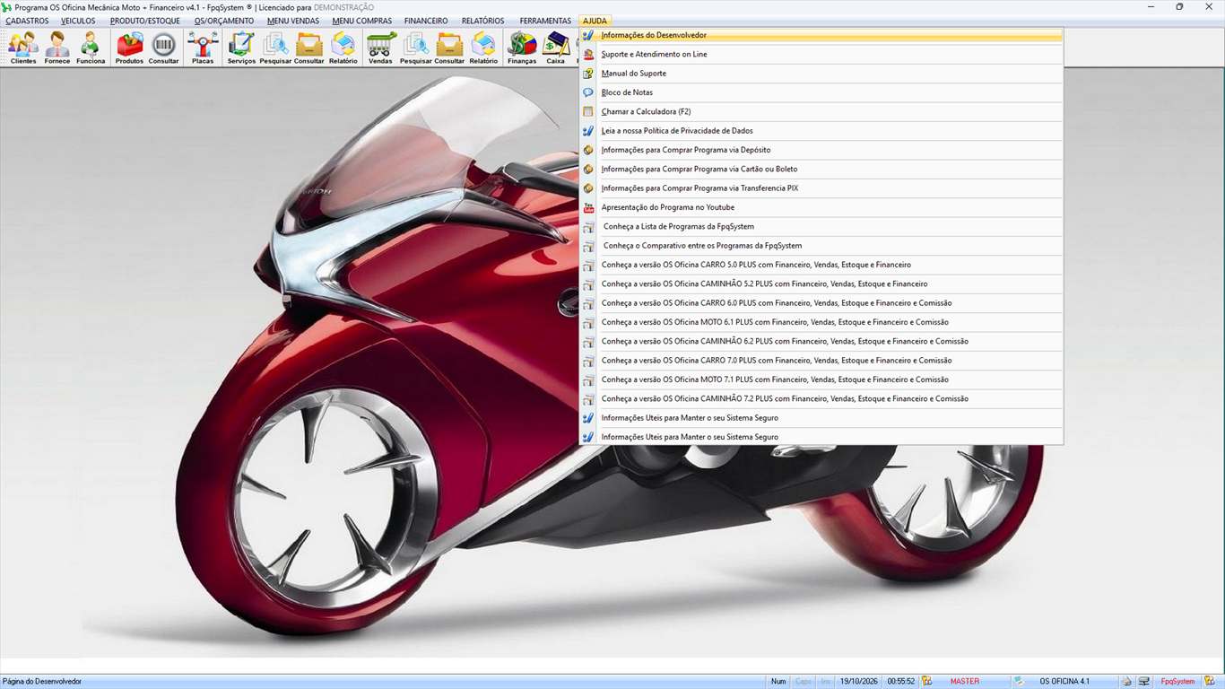 Oficina MOTO + Vendas e Financeiro v4.1 - Menu Ajuda aberto