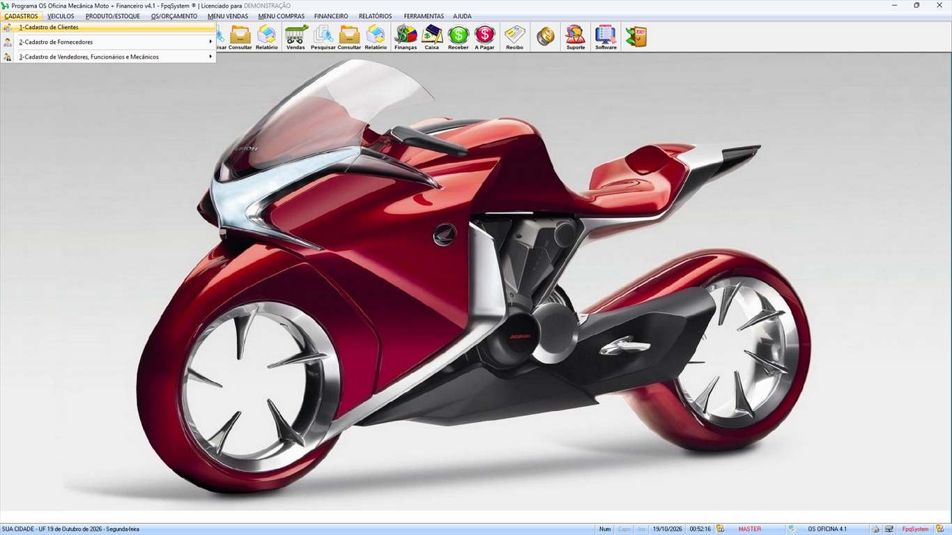 Oficina MOTO + Vendas e Financeiro v4.1 - Menu Cadastros aberto