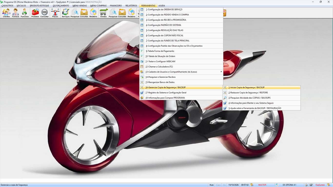Oficina MOTO + Vendas e Financeiro v4.1 - Menu Ferramentas > Cópia de Segurança / Backup