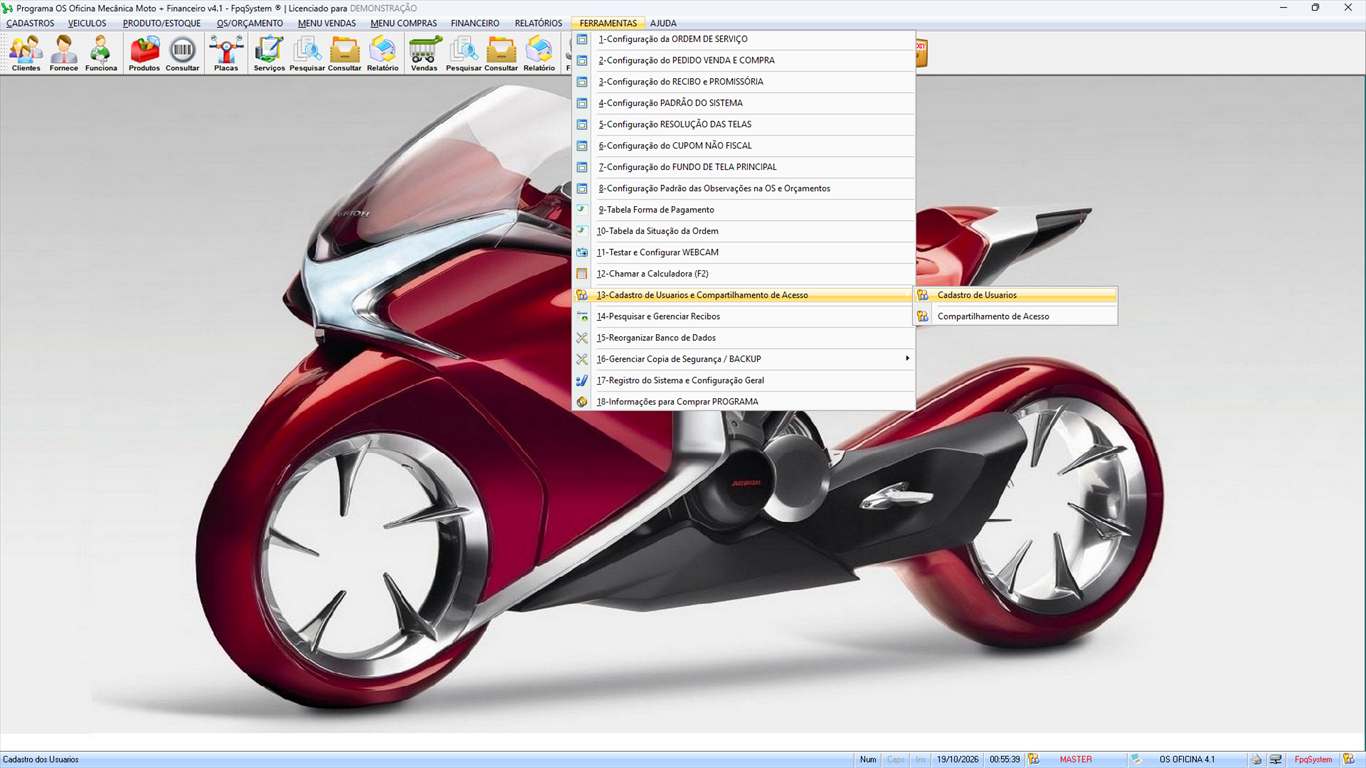 Oficina MOTO + Vendas e Financeiro v4.1 - Menu Ferramentas > Cadastro de Usuários e Compartilhamento de Acesso