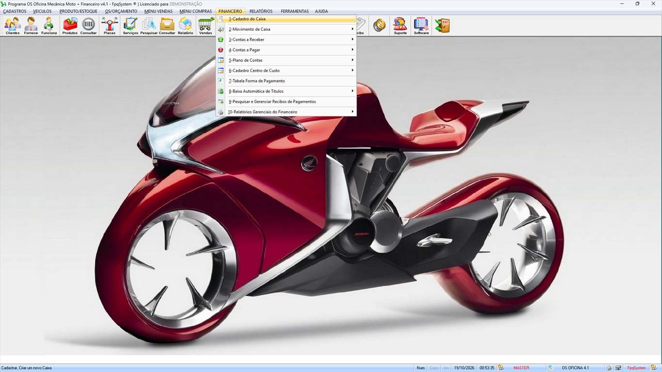 Oficina MOTO + Vendas e Financeiro v4.1 - Menu Financeiro aberto