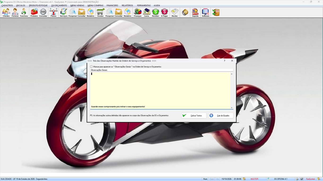 Oficina MOTO + Vendas e Financeiro v4.1 - Ferramentas 8 - Observações padrão na OS e orçamentos