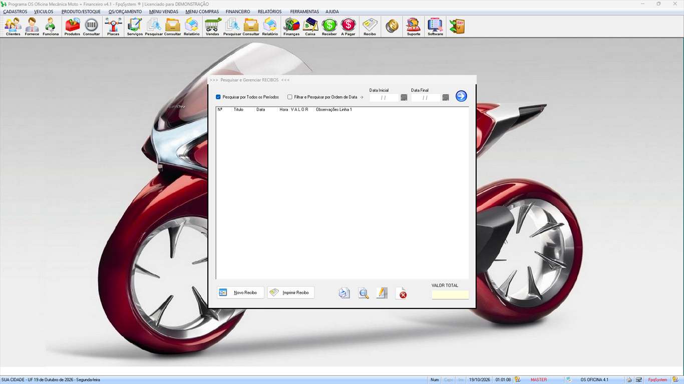 Oficina MOTO + Vendas e Financeiro v4.1 - Ferramentas 14 - Pesquisar e gerenciar recibos
