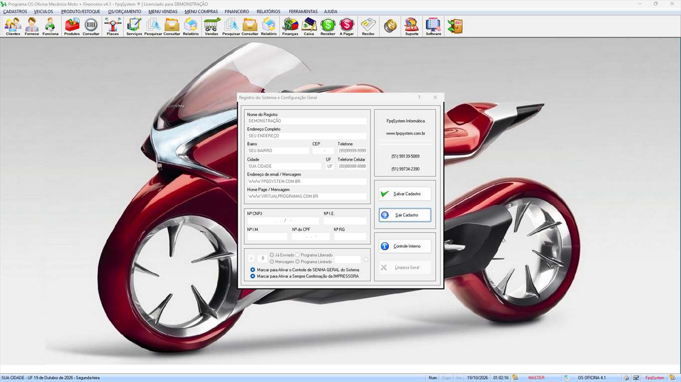 Oficina MOTO + Vendas e Financeiro v4.1 - Ferramentas 17 - Registro do sistema e configuração geral