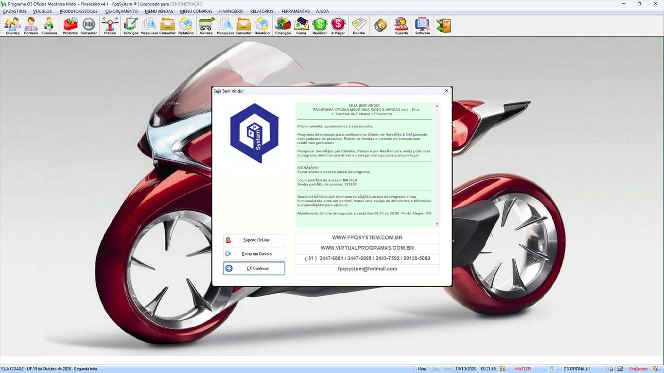 Oficina MOTO + Vendas e Financeiro v4.1 - Janela de boas-vindas exibida na abertura