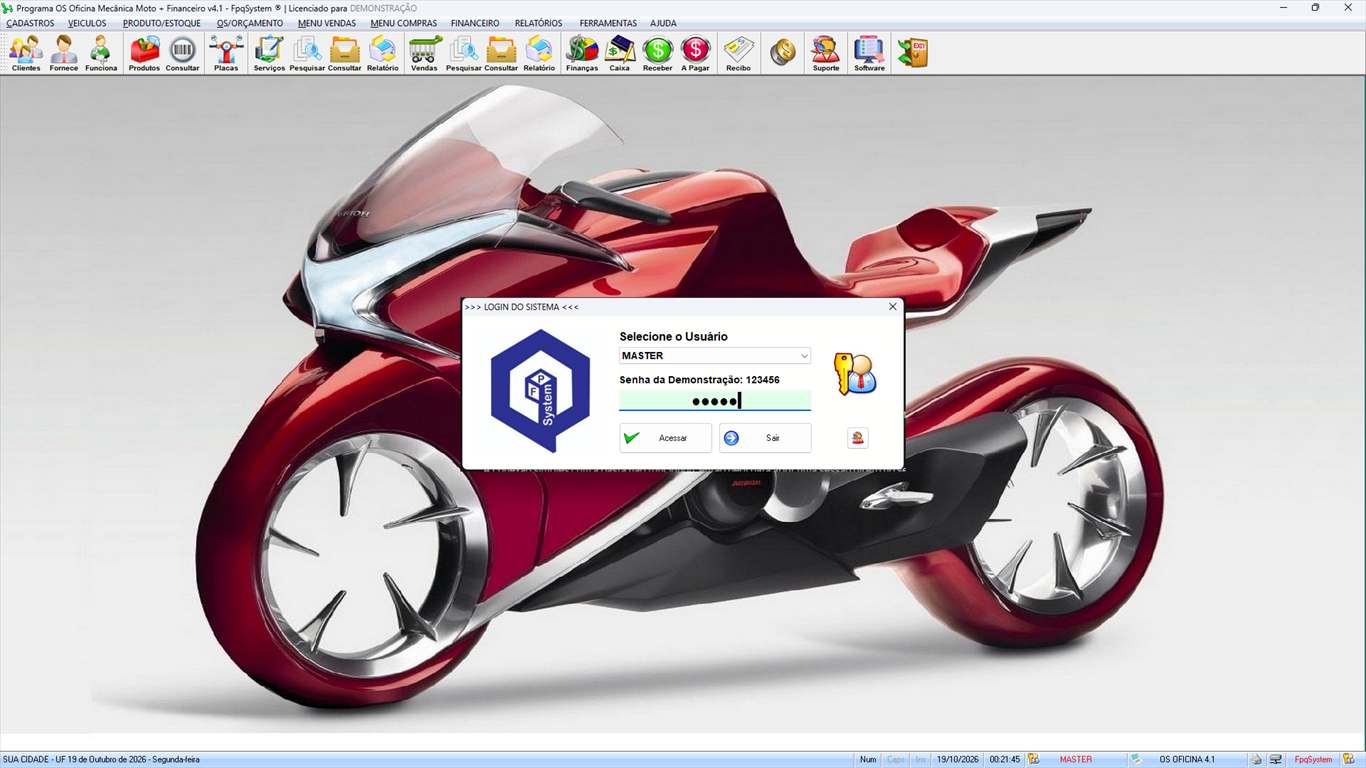 Oficina MOTO + Vendas e Financeiro v4.1 - Login do sistema (usuário MASTER)